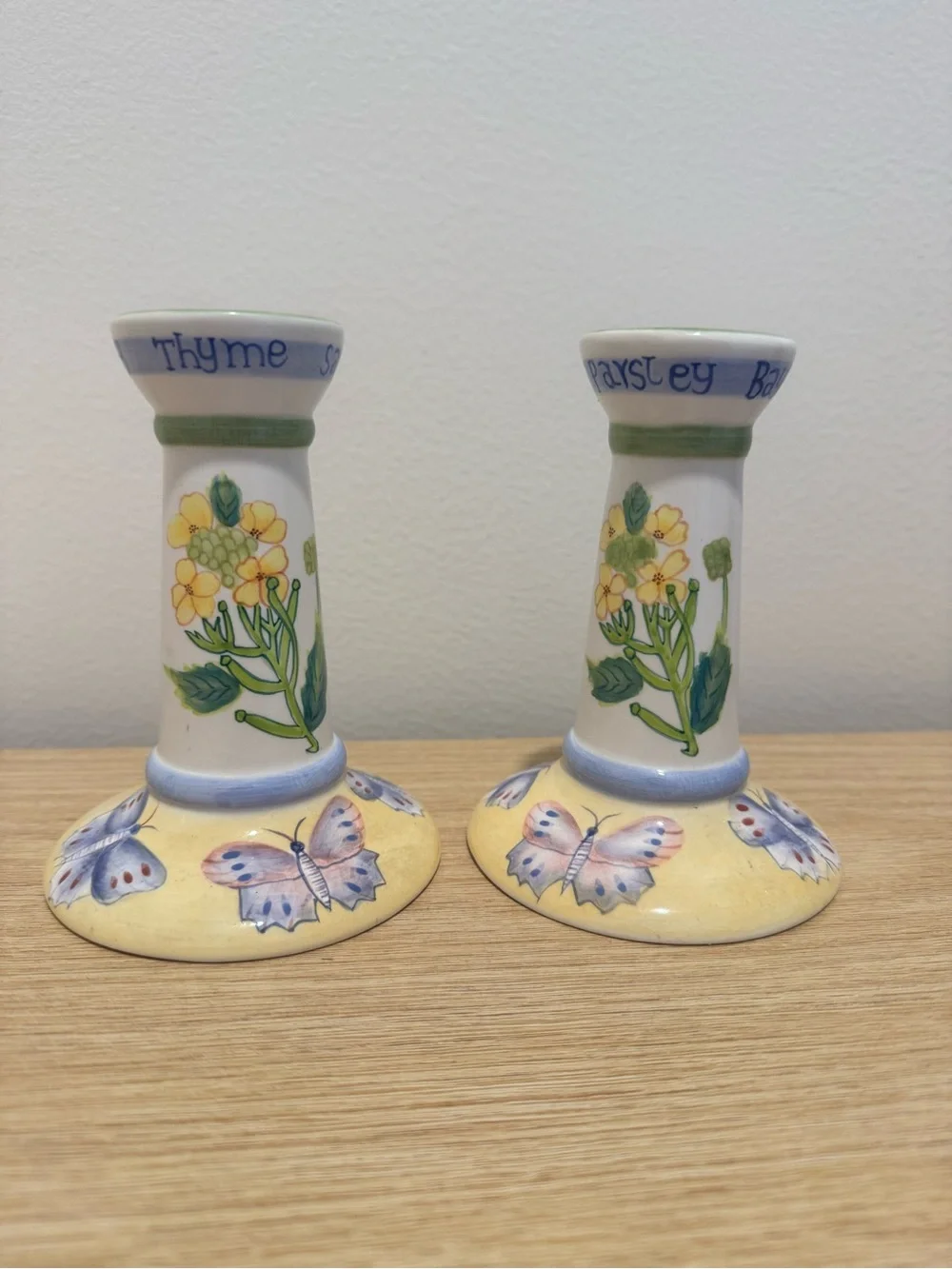 Royal Worcester Hand-Painted Yellow & Green Floral Butterfly Candle Holders